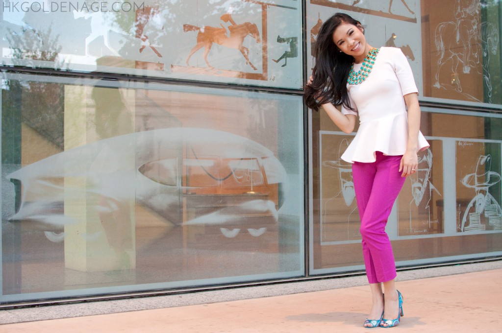 Colorful work outfit with peplum and statement necklace