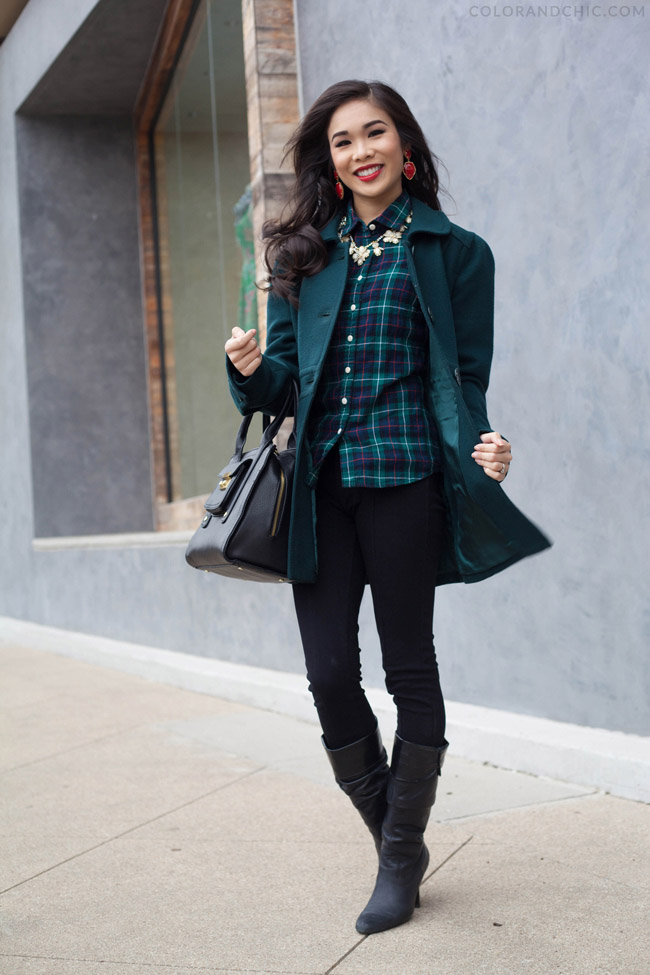 outfit,of,the,day,green,blue,purple,red,j,jcrew,crew,flannel,blouse,top,kendra,scott,selma,earrings,red,anthropologie,winter,style,fashion,phillip,lim,for,target,bag,black,kiel,james,kirkpatrick,bowtie,bracelet,hermes,clic,clac,h,white,