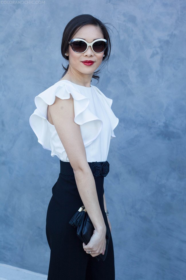 dior,twotone,cat,eye,cateye,sunglasses,white,black,monochrome,jumpsuit,asos,ruffle,red,lips,ysl,ann,taylor,bowtie,clutch,bow,tassel,tassels,charlotte,russe,flower,belt,christian,louboutin,rolando,heels,burberry,watch,power,suit,work,office,apparel,professional,clothes,style,wardrobe