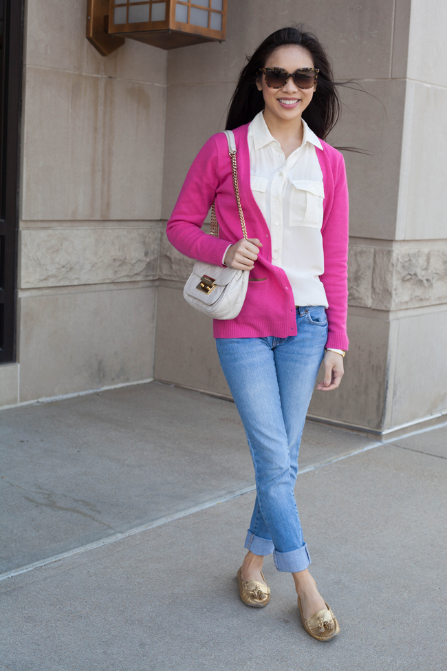 casual,outfit,of,the,day,ootd,jcrew,crewcuts,pink,tory,burch,gold,loafers,penny,drivers,michael,kors,sloan,quilted,crossbody,handbag,hudson,denim,jeans,gucci,sunglasses,havana,lookbook,blythe,blouse,silk,white,ivory,