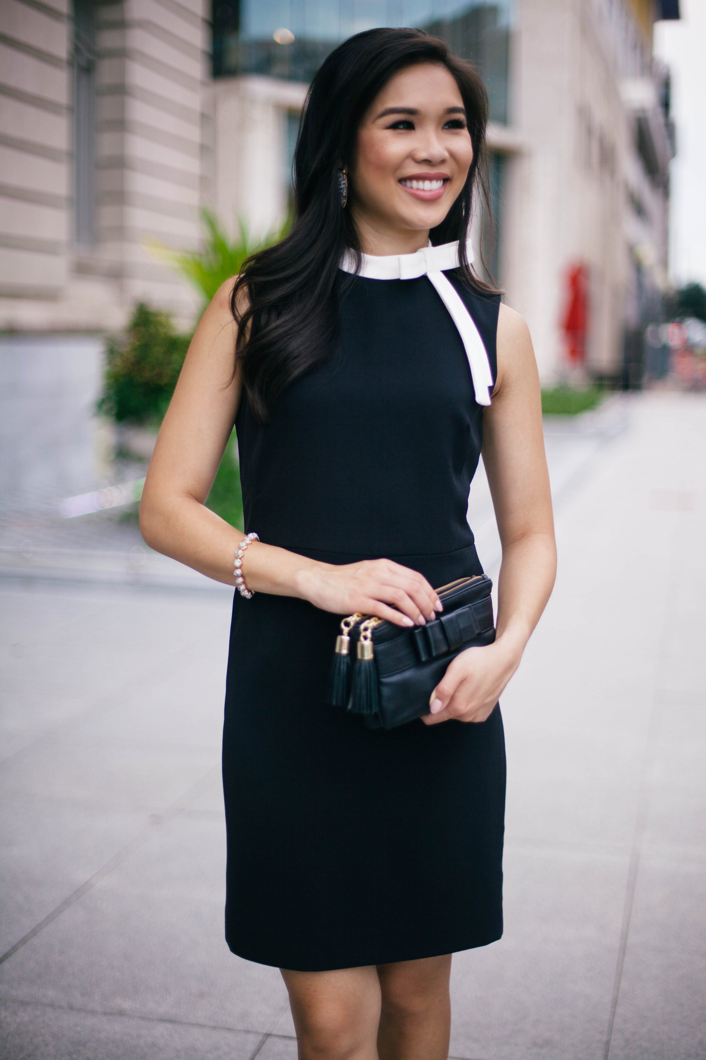 maggy,london,the,jackie,dress,midi,bow,neckline,black,white,slover,library,downtown,norfolk,kendra,scott,fall,collection,gray,granite,rose,gold,jewelry,ann,taylor,tassel,clutch,christian,louboutin,