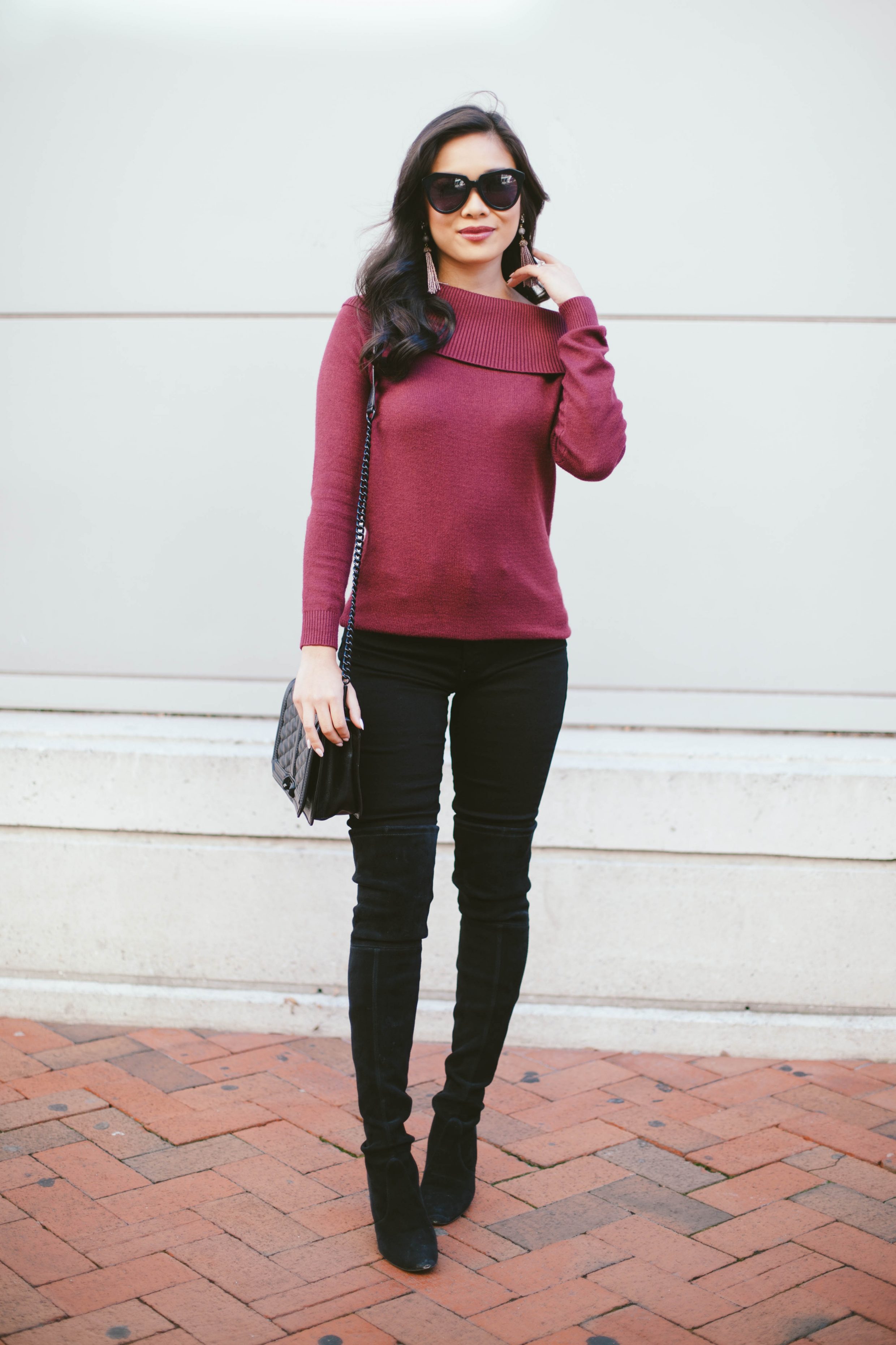 lulus,burgundy,off,the,shoulder,sweater,holiday,casual,outfit,rvca,hi,roader,jeans,black,over,the,knee,boots,stuart,weitzman,highland,suede,karen,walker,sunglasses,baublebar,tassel,earrings,rebecca,minkoff,