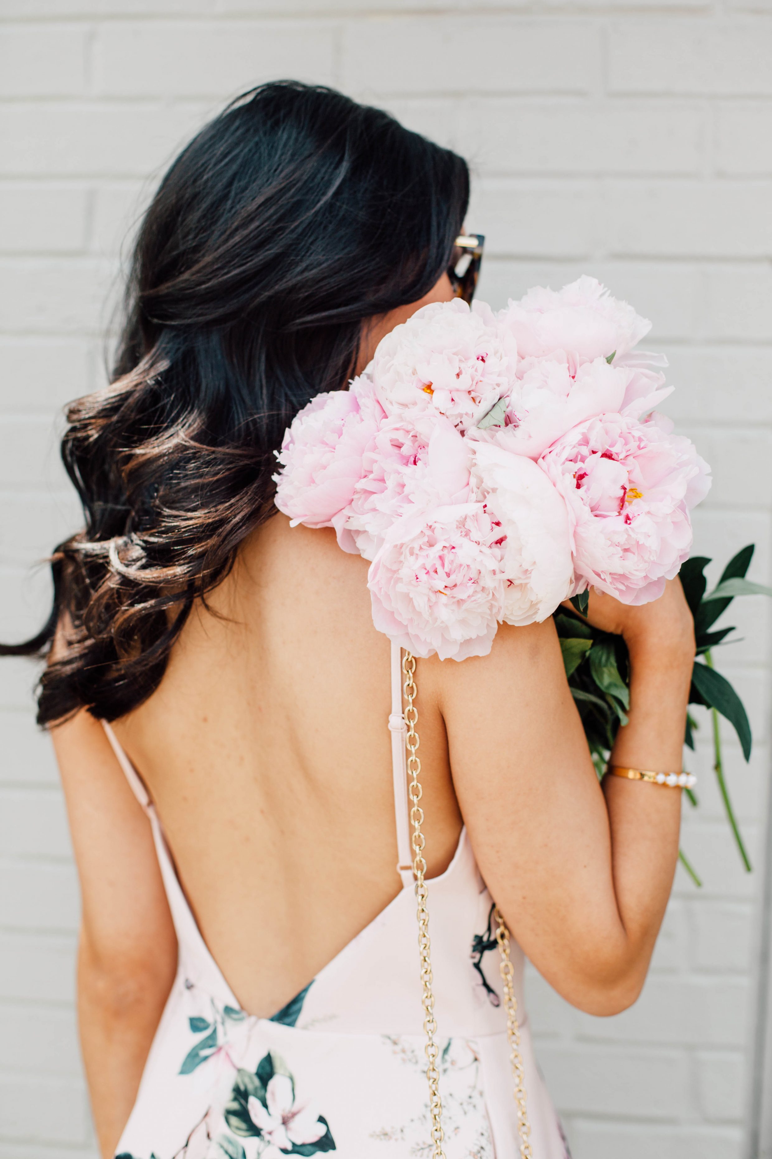 Open back floral dress with pink peonies