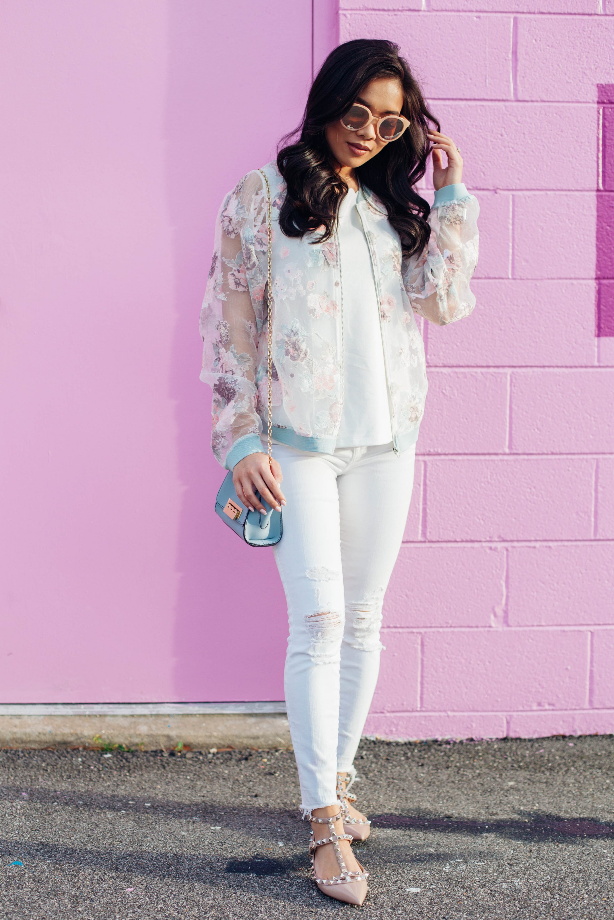 COLOR & CHIC | Floral bomber jacket over an all white look