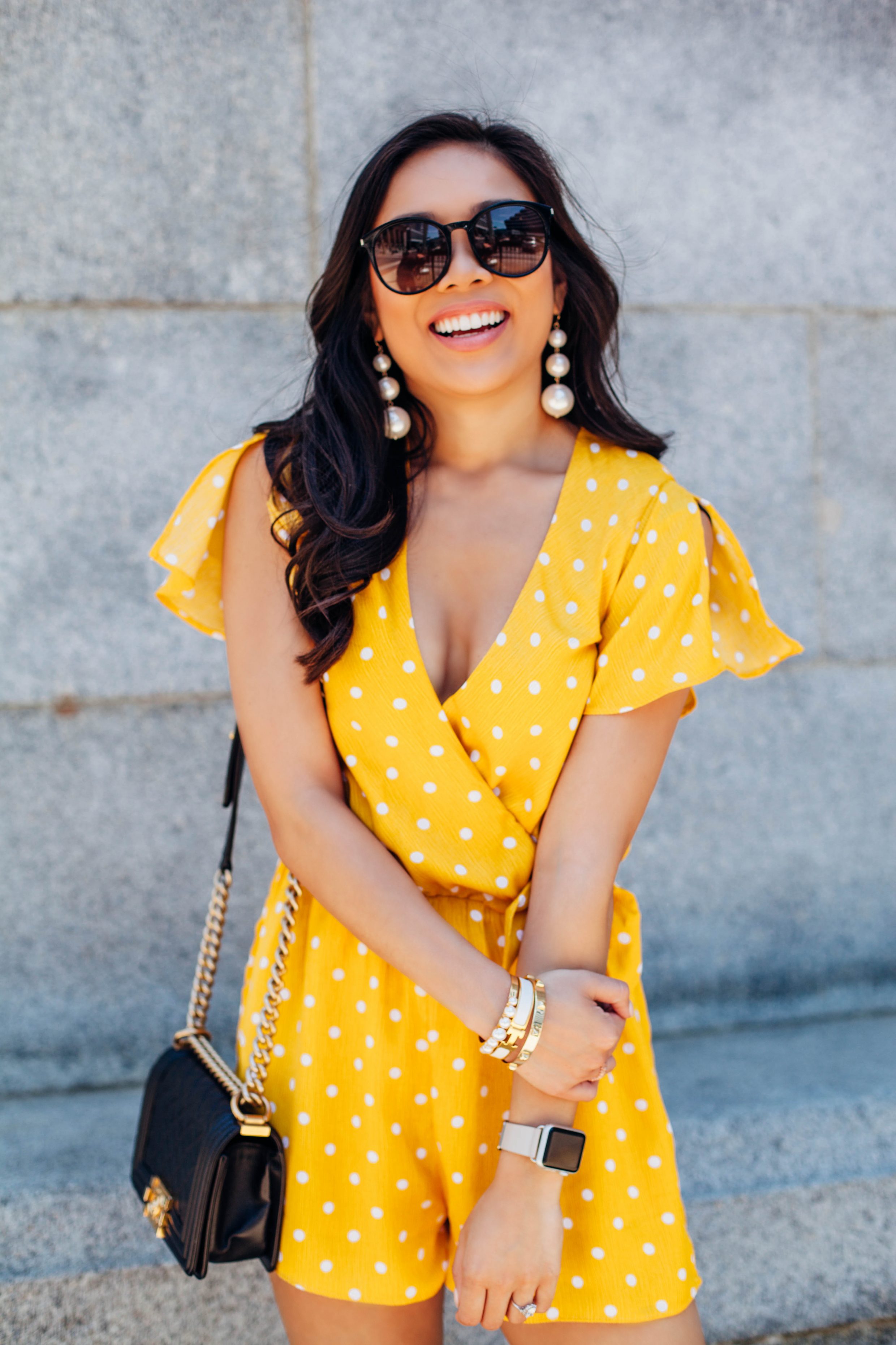 COLOR & CHIC | Yellow polka dot romper