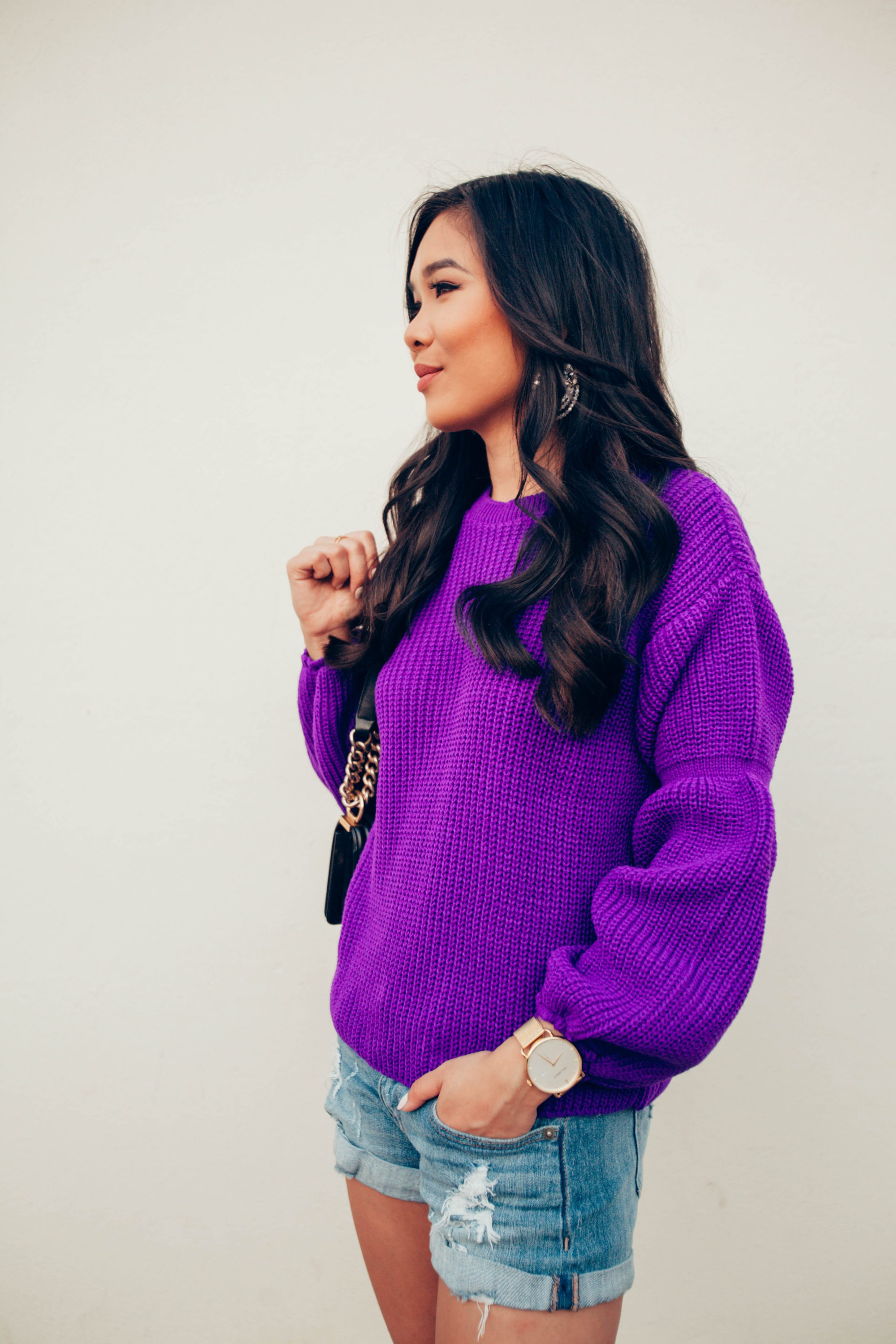 COLOR & CHIC | Purple balloon sleeve sweater