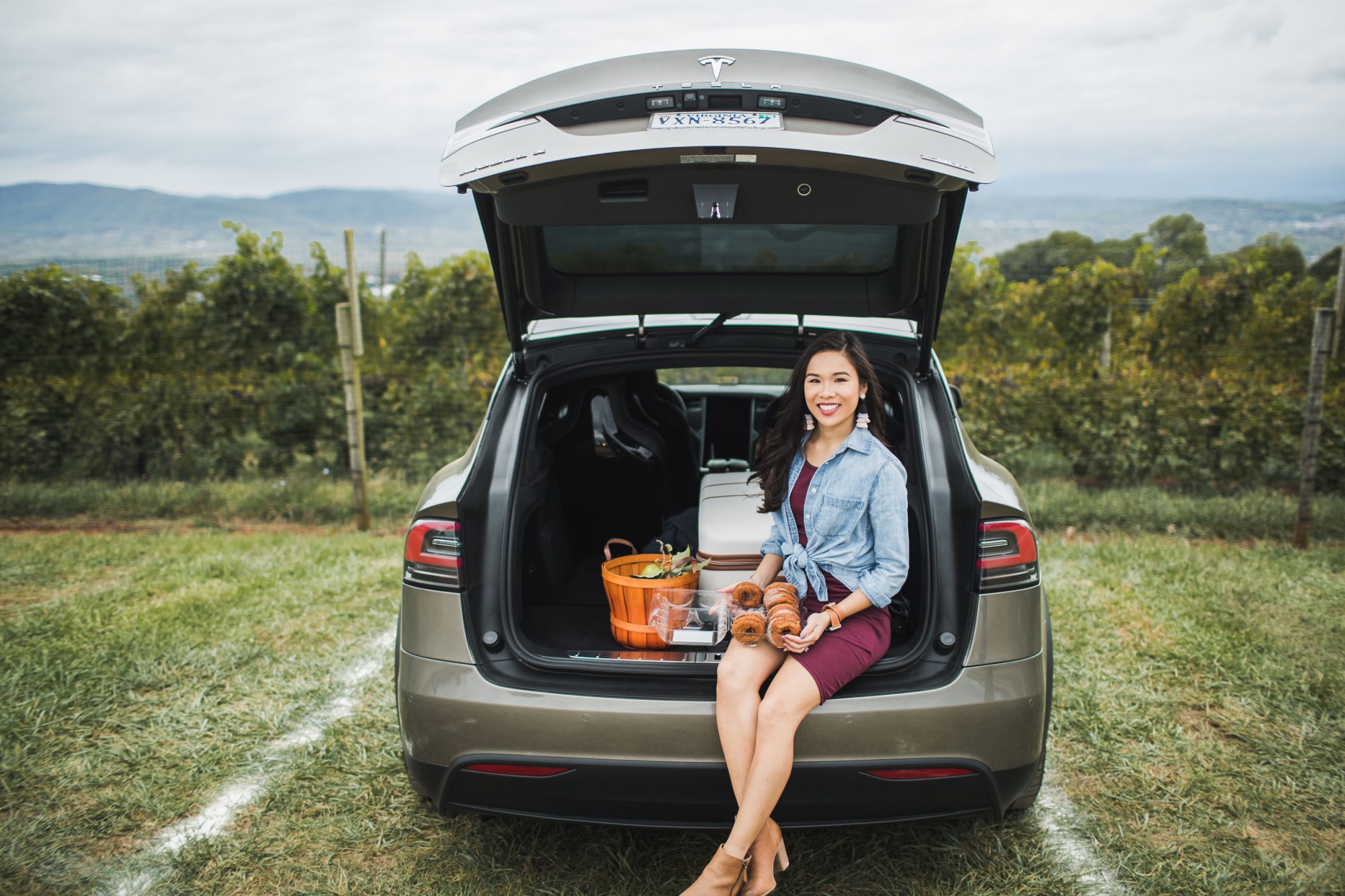 Blogger Hoang-Kim goes apple picking at Carter Mountain Orchard in a Tesla Model X