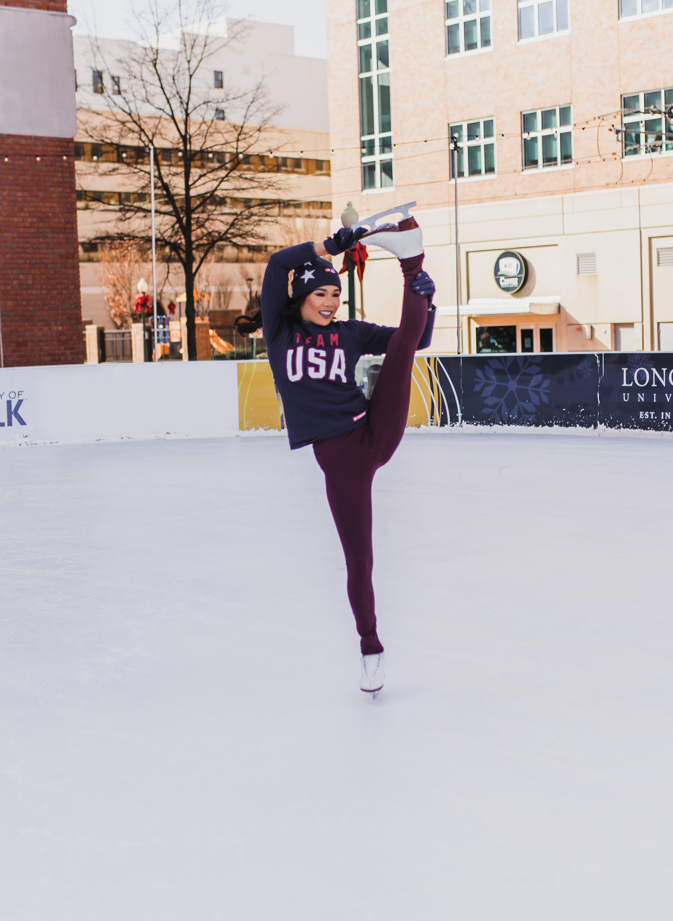 Team USA look for 2018 PyeongChang Olympics with burgundy leggings and matching beanie and gloves for figure skating