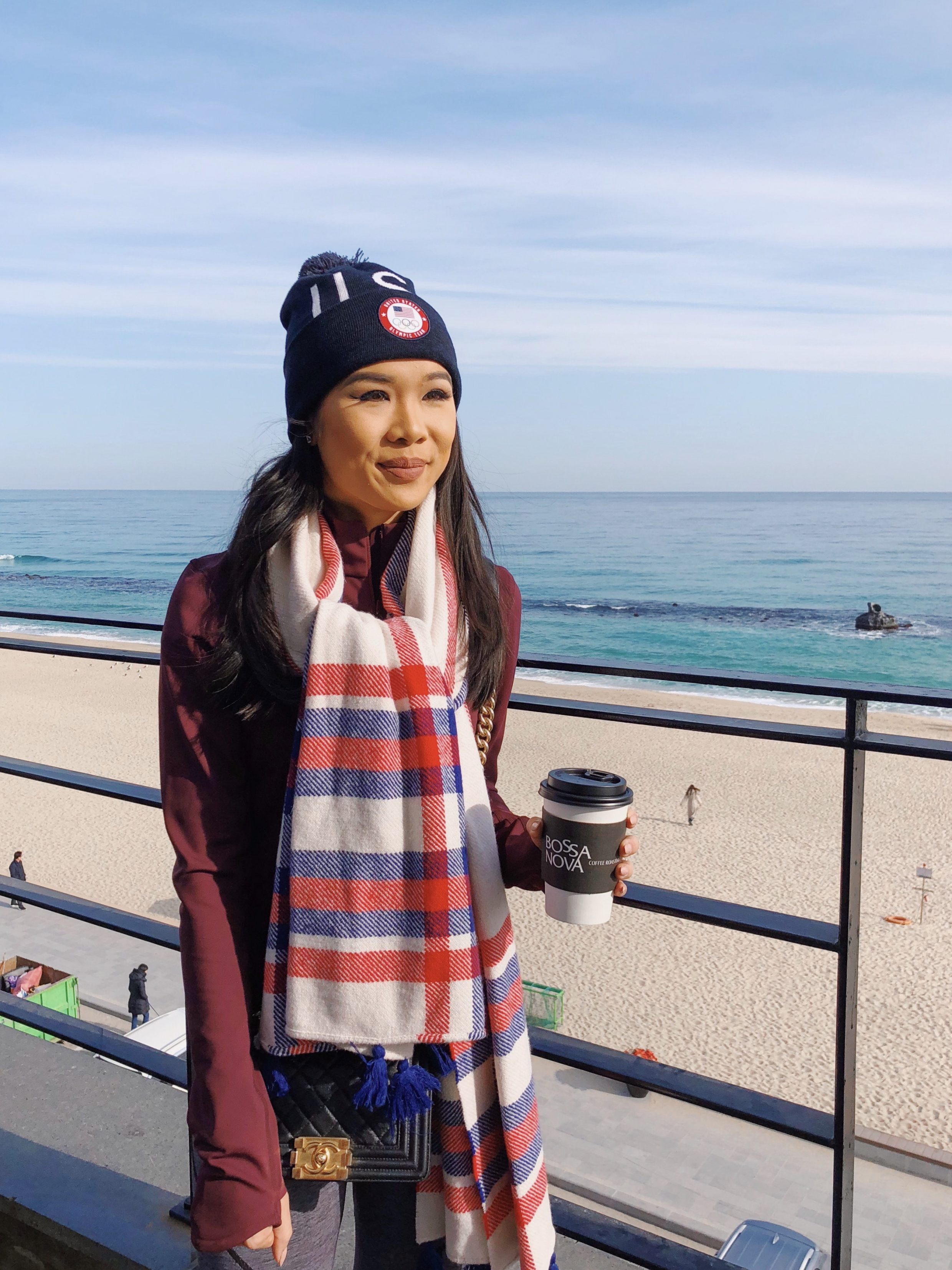 Blogger Hoang-Kim Cung at Anmok Beach in Gangneung, South Korea during the 2018 Olympics