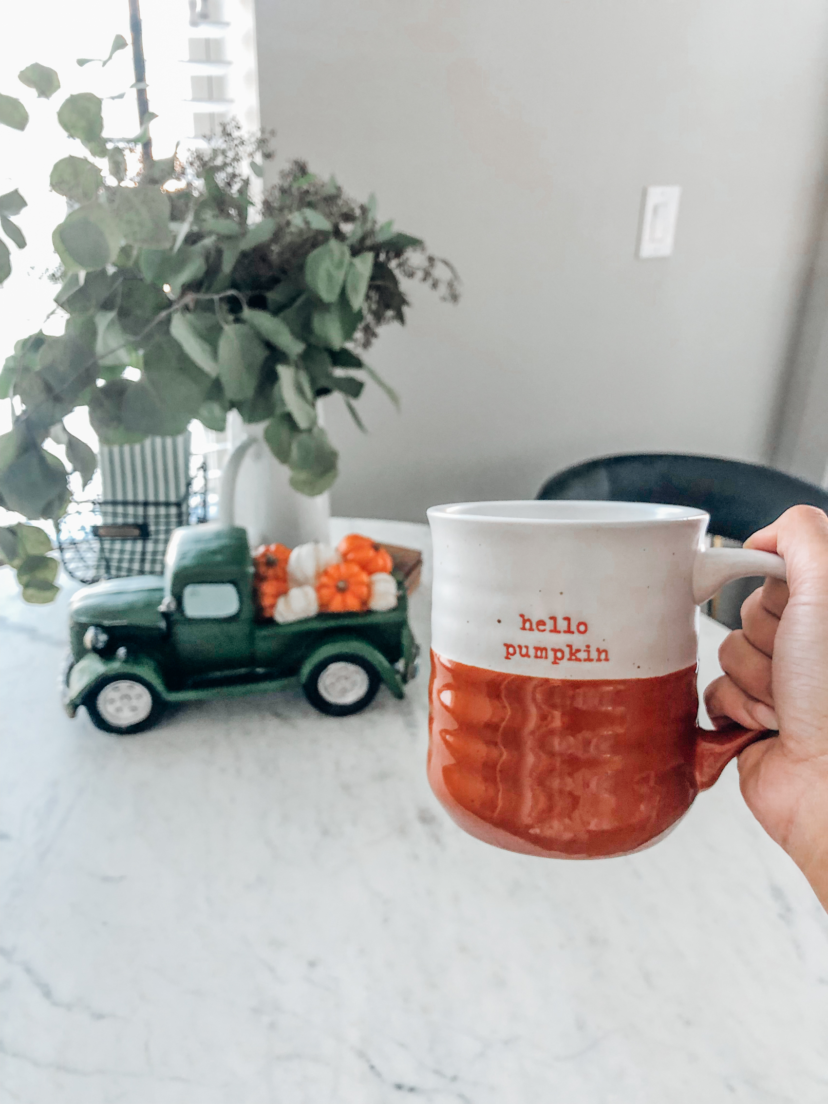 Fall kitchen decor with green pickup truck, pumpkins and mug in Dallas apartment