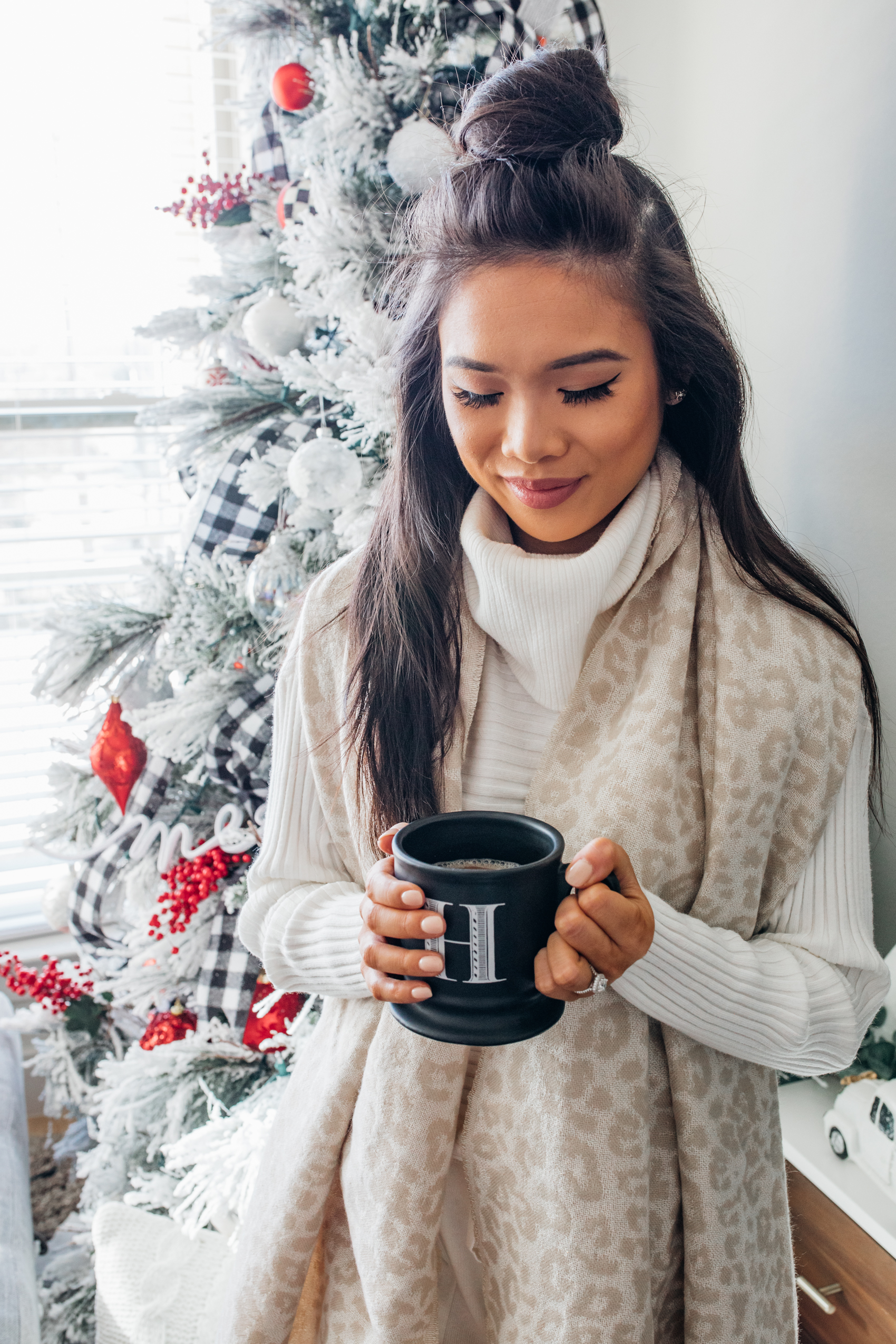 Leopard print scarf, cozy winter loungewear and monogram mug for Christmas morning