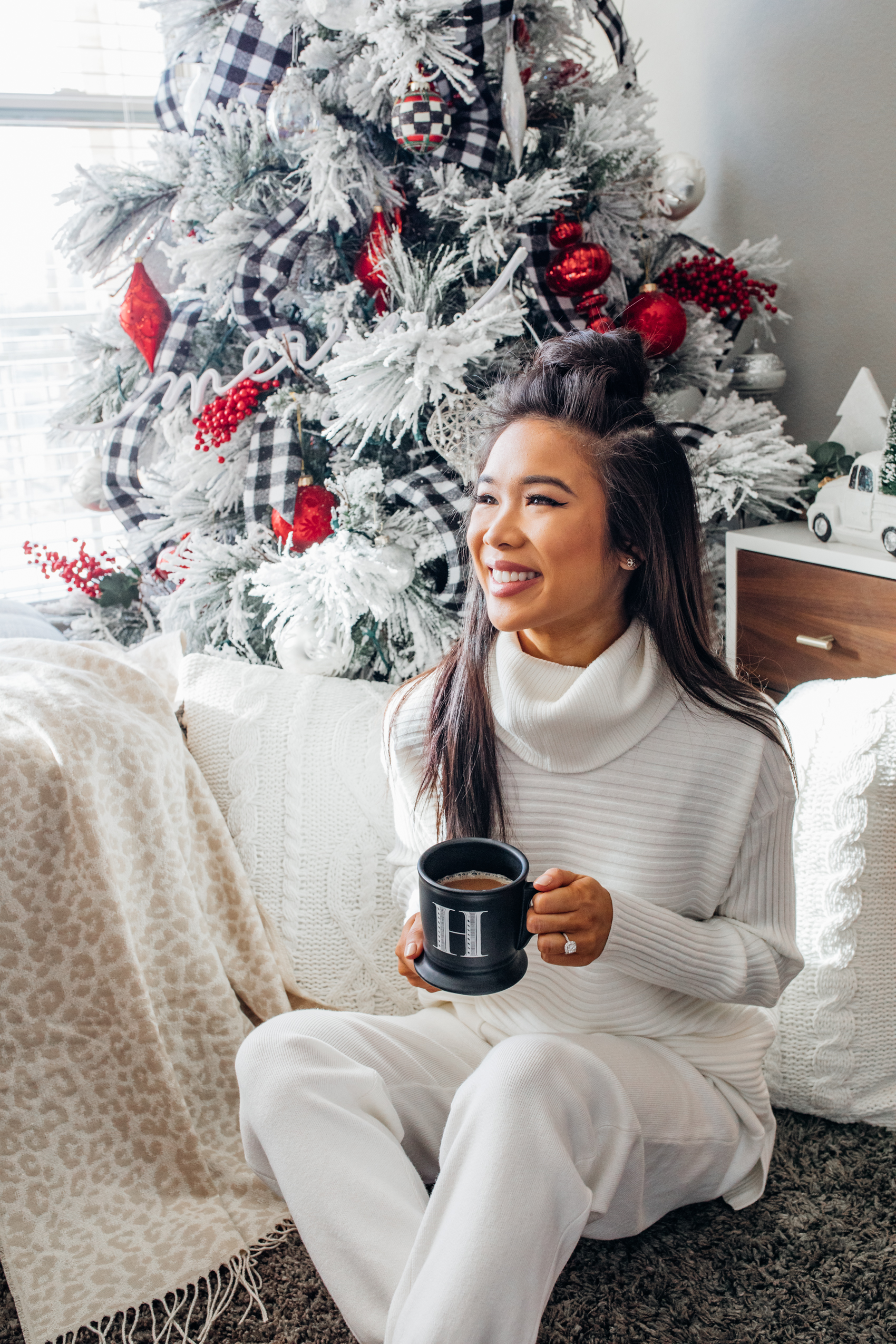 Winter loungewear around the house and monogram mug for Christmas