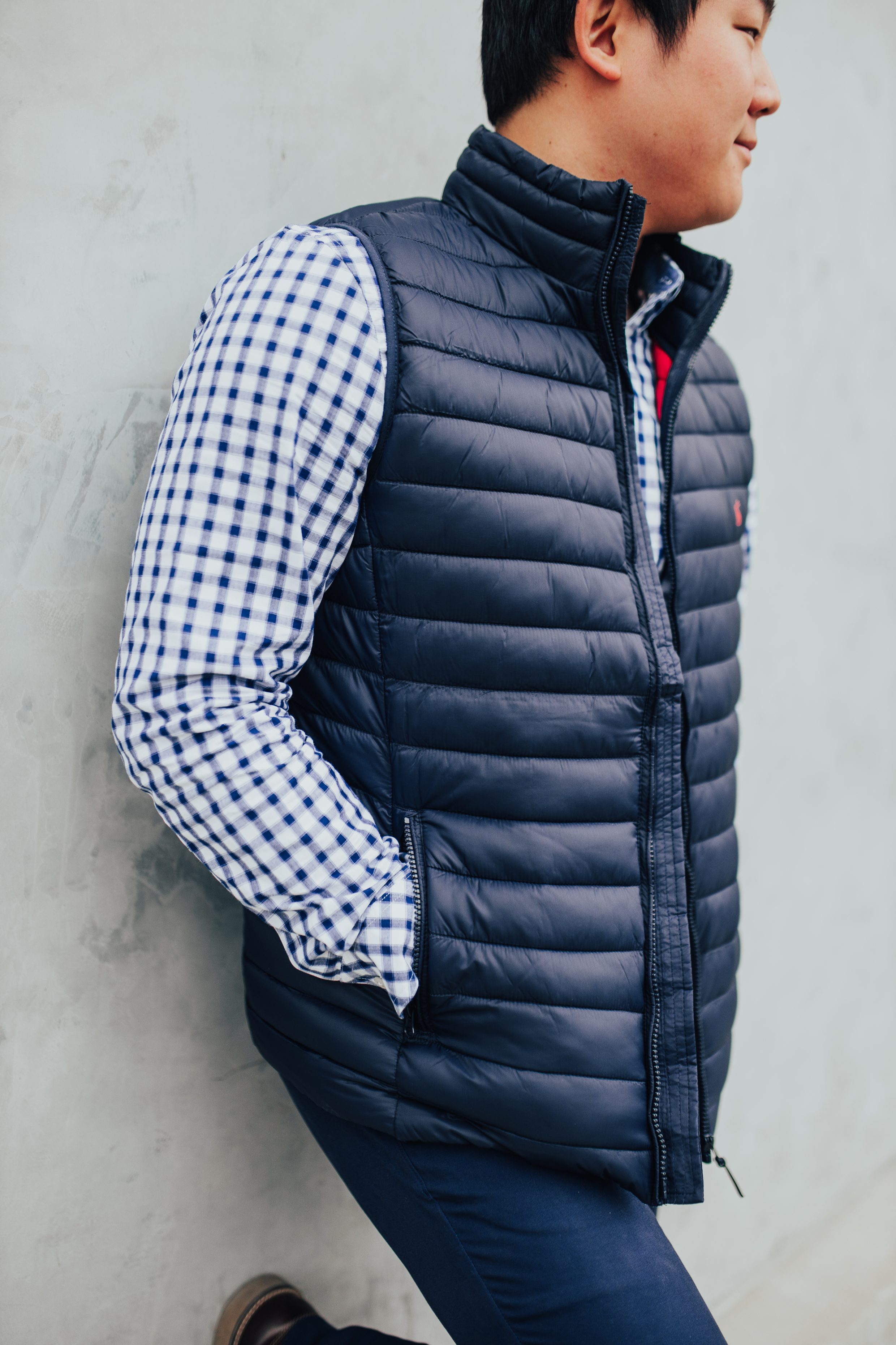 Joules Navy Puffer Vest with Check Shirt and Navy Trousers