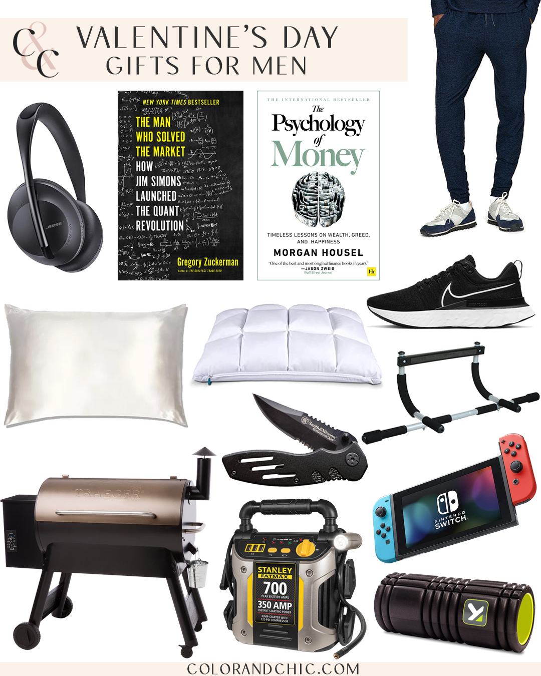 Valentines Day gifts for men including Bose 700 headphones, outdoor voices joggers, nike flyknit, leesa pillow, slip silk pillowcase, traeger pro 34 grill and more