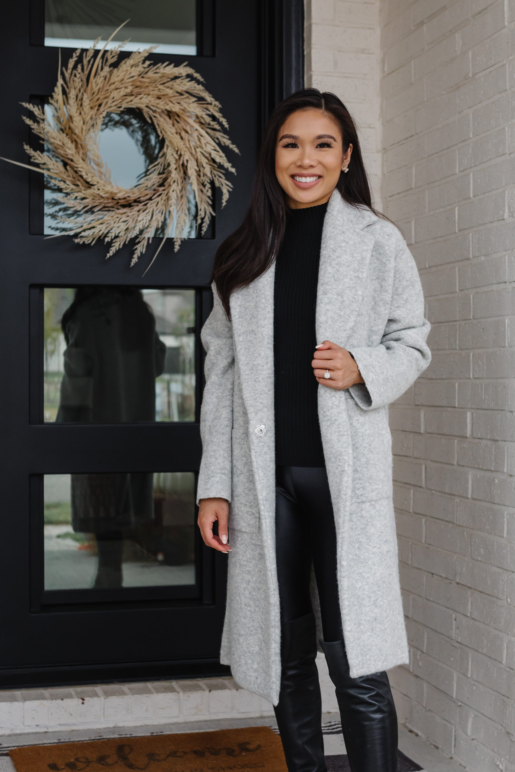 Blogger Hoang-Kim wears a VINCE Merino Wool Blend Longline Cardigan