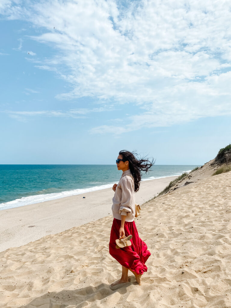 Blogger Hoang-Kim Cung shares one of her vacation outfits on the beach in Cape Cod