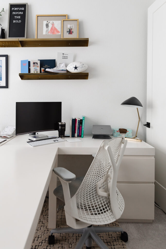 Blogger Hoang-Kim Cung discusses shared home office ideas in her transitional office including west elm parsons l-shaped desks