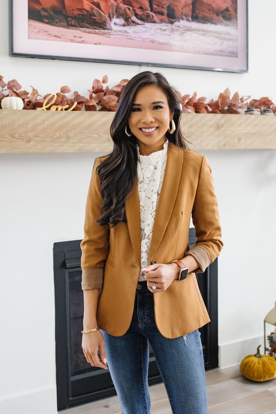 Blogger Hoang-Kim Cung shares business casual attire for women including the j.crew parke blazer and wayf erika puff sleeve top