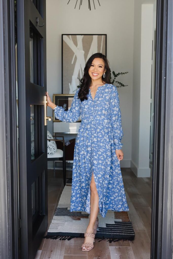 Blogger Hoang-Kim Cung shares her favorite spring outfits like this blue Floral Midi Shirtdress from LOFT