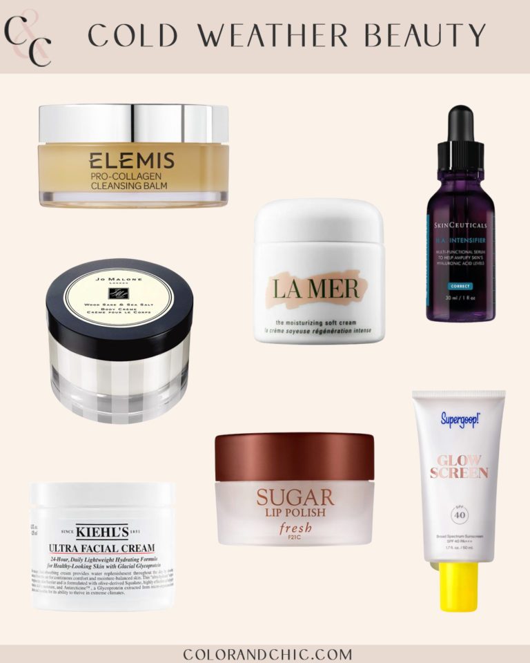 blogger hoang-kim cung curates the best skincare products for dry skin in winter and fall including skinceuticals h.a. intensifier, la mer the moisturizing soft cream, jo malone wood sage and sea salt body creme, sugar lip polish, supergood glowscreen, and kiehl's ultra facial cream