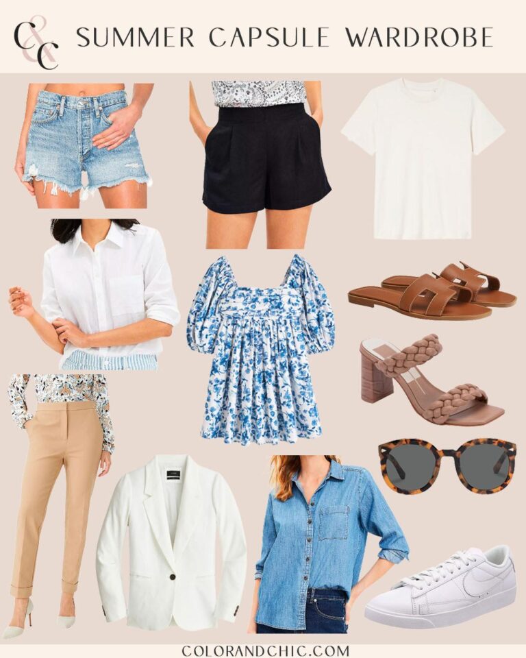 blogger hoang-kim cung shares her summer capsule wardrobe including abercrombie & fitch high rise mom short, dolce vita pailey heels, m.m.lafleur leslie t-shirt, nike blazer low se sneakers, hermes oran sandals, j.crew parke blazer, abercrombie & fitch emerson ruched puff sleeve midi dress